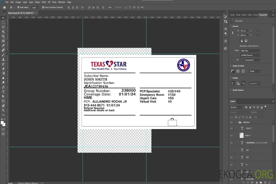 Carte d'assurance maladie du Texas template